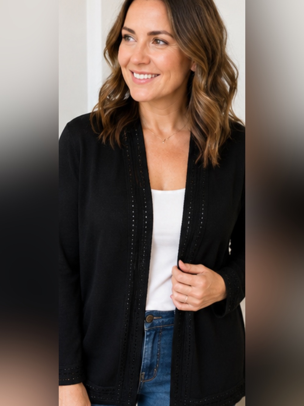 Women's Black Open-Front BeadedTrim Cardigan Size XL